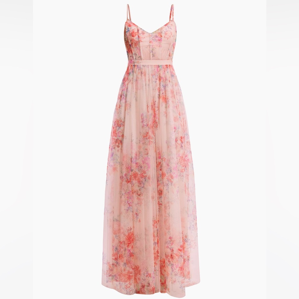 BCBGMAXAZRIA Floral Tulle Sleeveless Gown